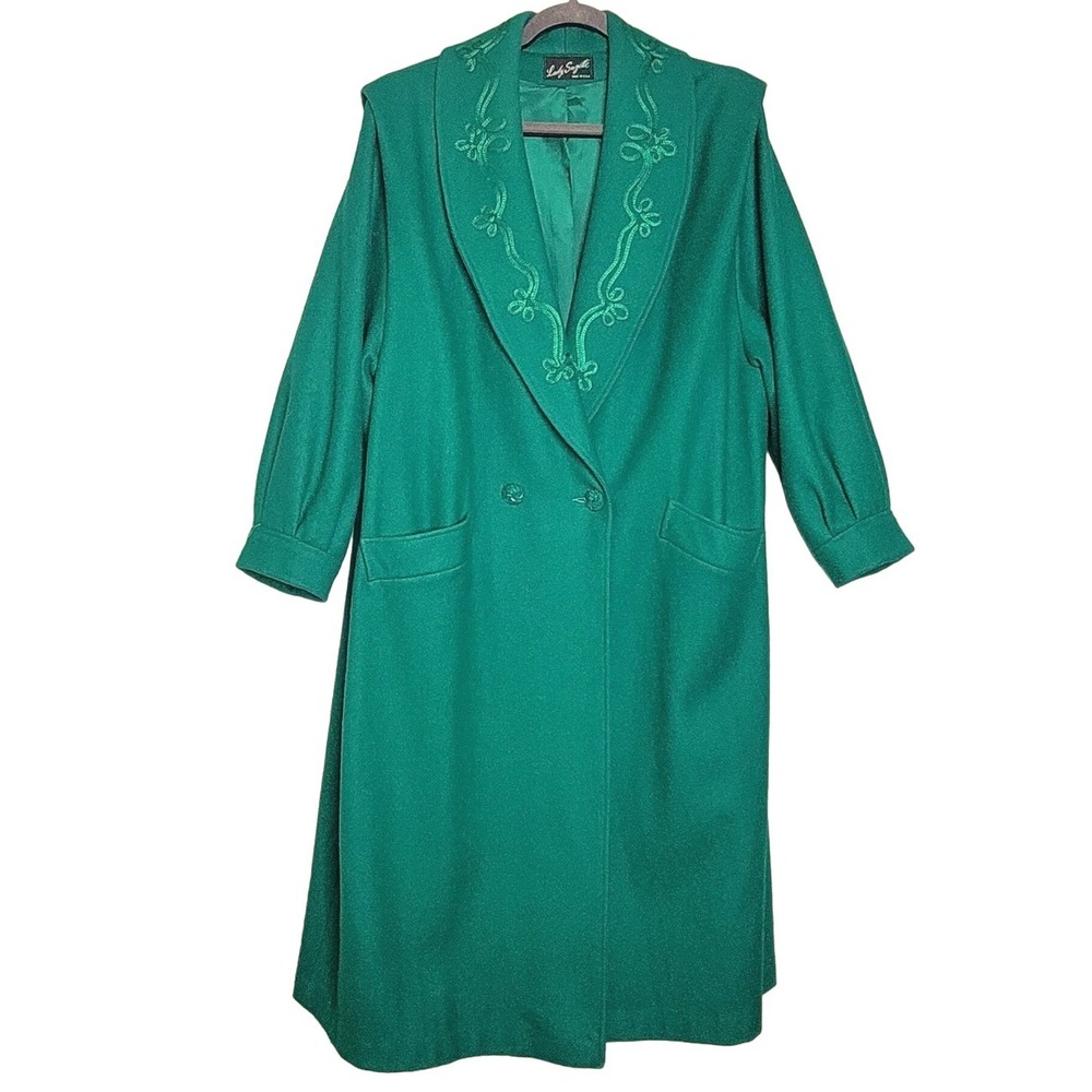 Regencycore Vintage Long Wool Coat Embroidered Shawl Lapel XL Green USA‎ Made